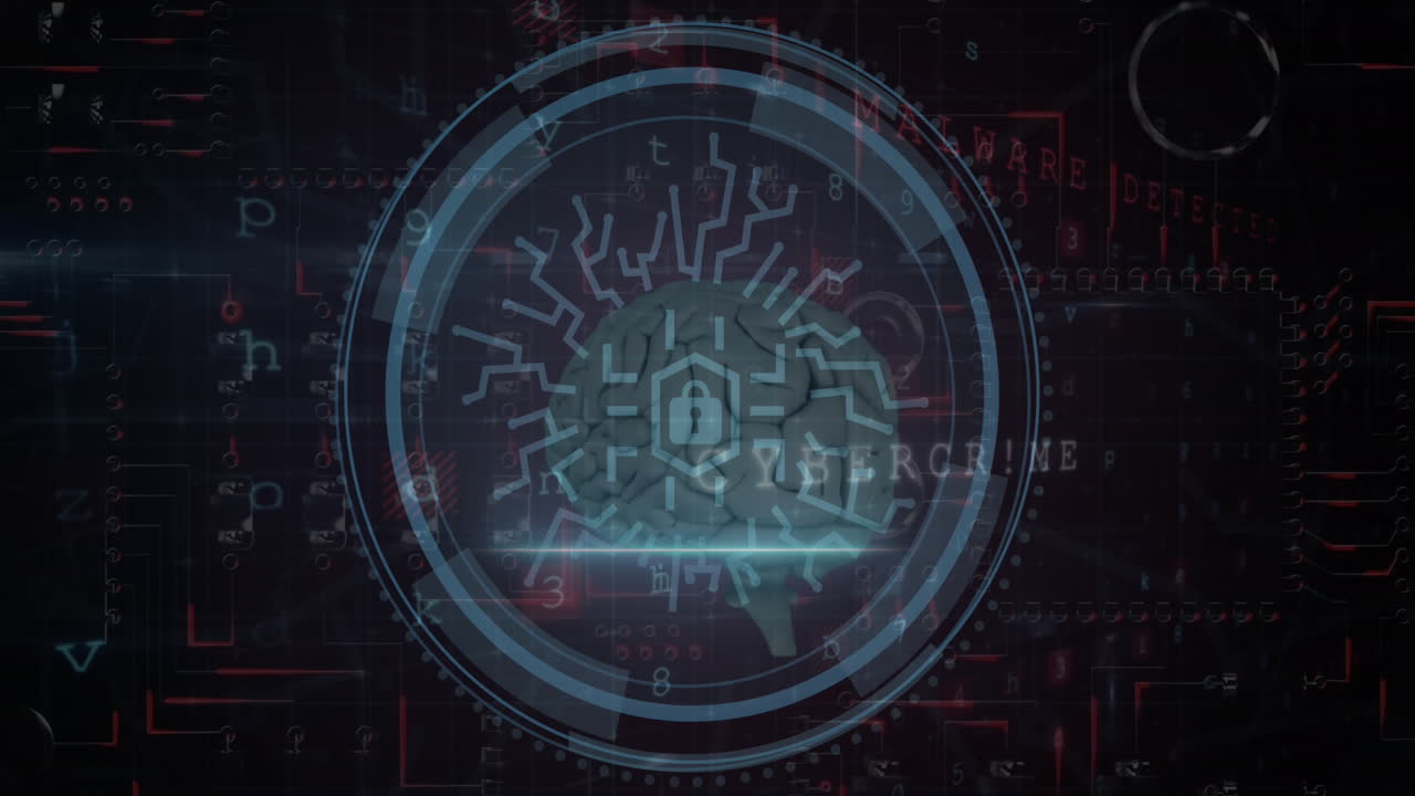 Animation of icons with digital brain and data processing on black background