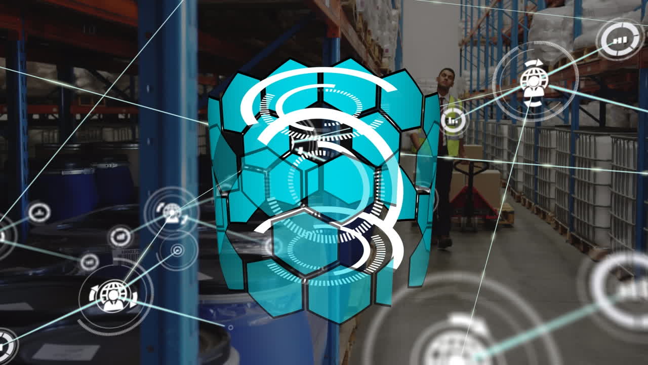 animación de una red de iconos digitales sobre un trabajador masculino biracial tirando de una paleta en un almacén.