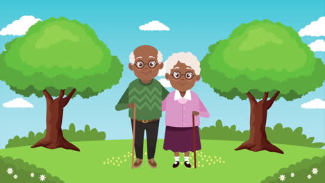 feliz tarjeta de día de los abuelos con afro pareja de viejos amantes en el campamento