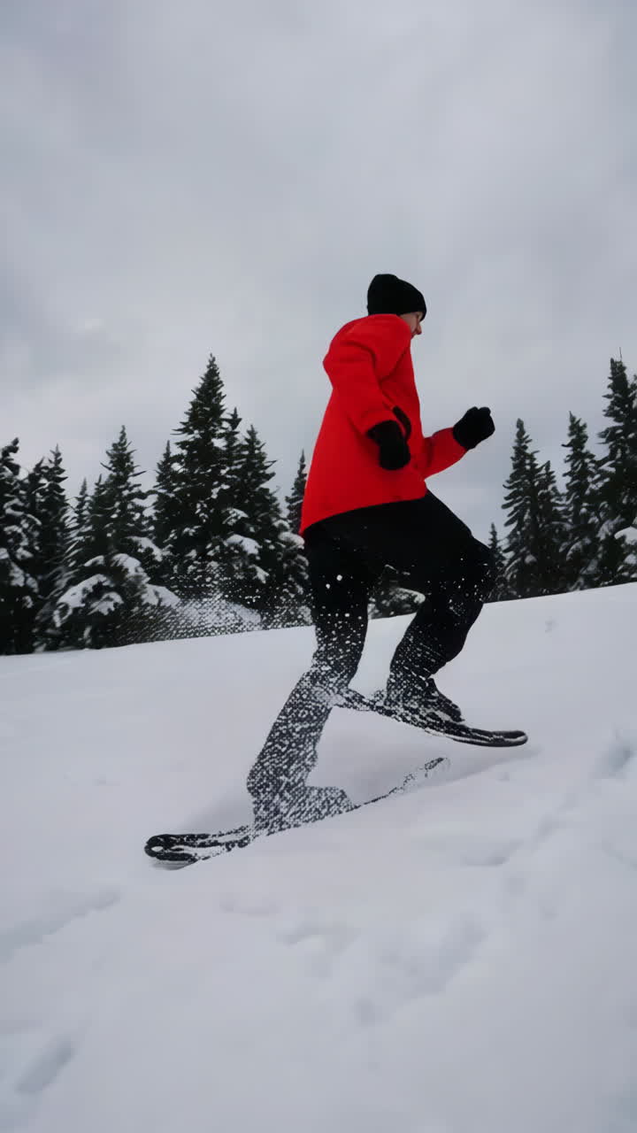 Person snowshoeing in a snowy forest