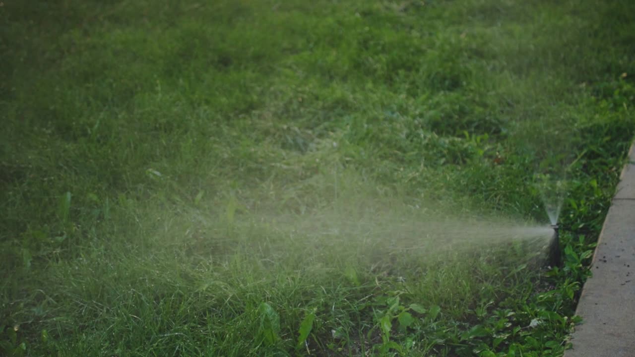 Sistema di irrigazione automatico che annaffia il prato in un giardino