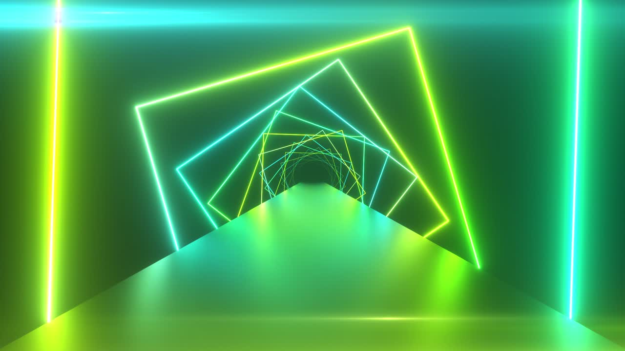 fondo geométrico abstracto con cuadrados giratorios, luz ultravioleta fluorescente, líneas de neón brillantes, túnel giratorio, espectro azul verde de colores moderno, bucle 3d sin costuras