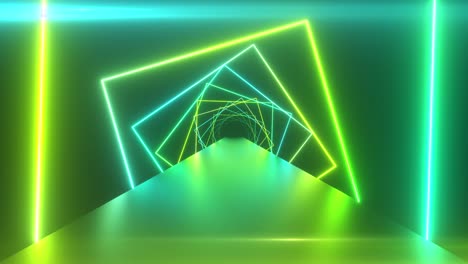 fondo geométrico abstracto con cuadrados giratorios, luz ultravioleta fluorescente, líneas de neón brillantes, túnel giratorio, espectro azul verde de colores moderno, bucle 3d sin costuras
