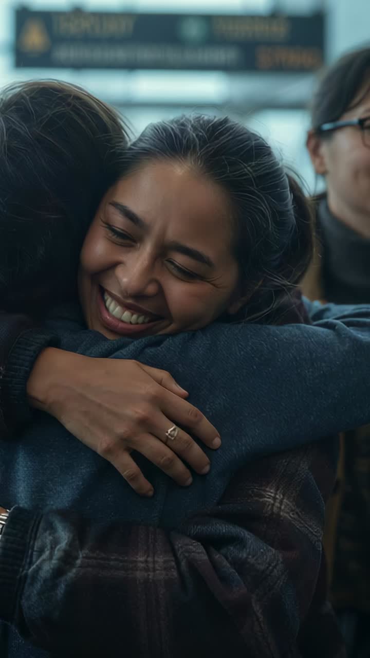 Vertical video: Embracing woman wearing plaid coat hugging partner on arrival at airport, gold ring