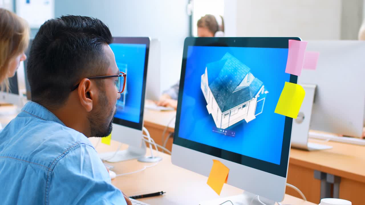 Executive using desktop pc at desk 4k