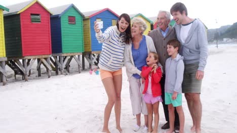 multi generation family taking selfie from mobile phone at beach