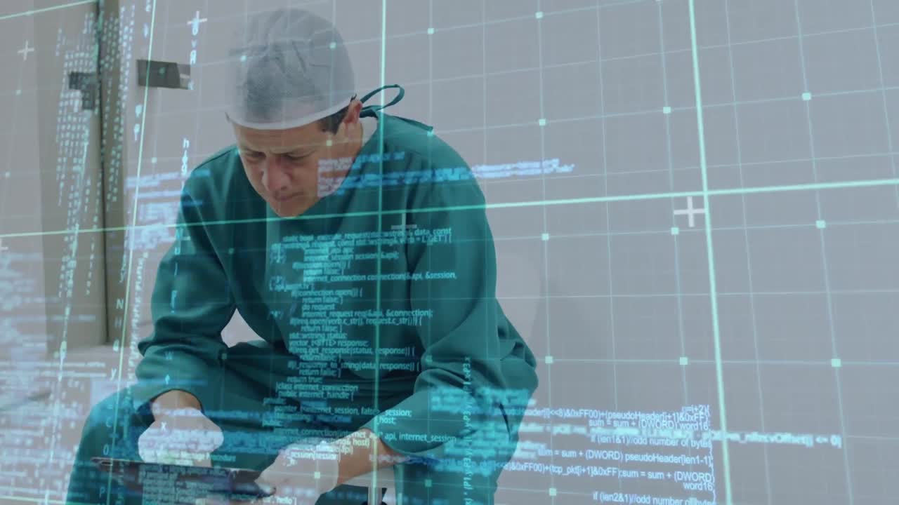 animazione dell'elaborazione dei dati su chirurgo maschio caucasico