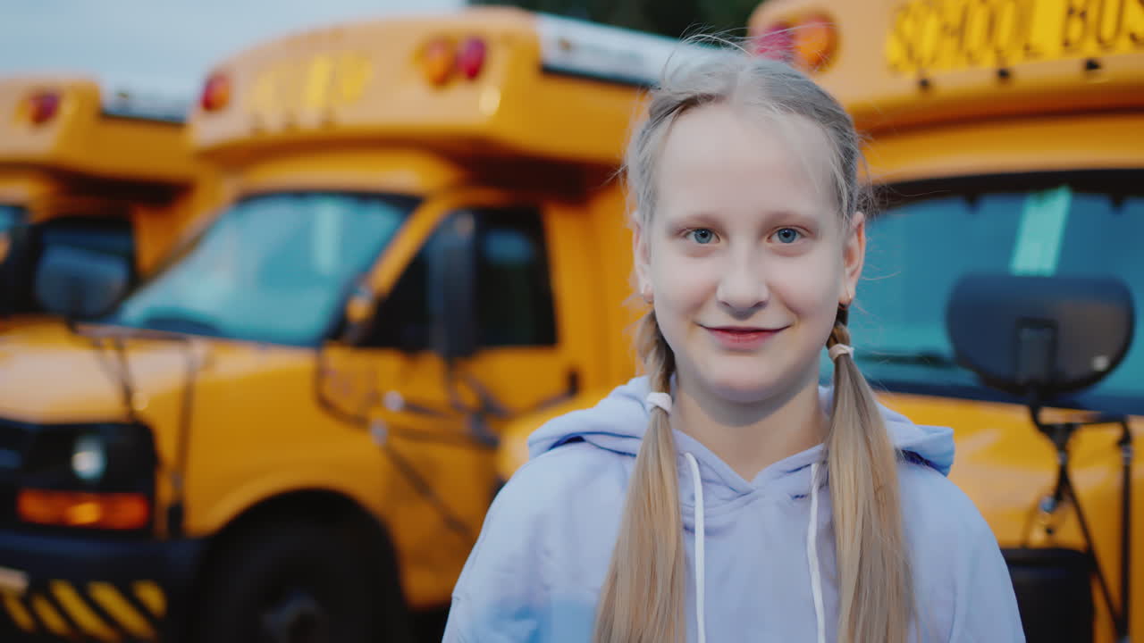 Portrait of a cheerful schoolgirl against the background of a row of yellow school buses