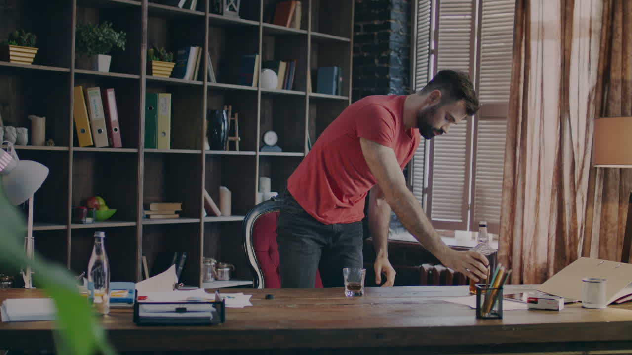 hombre de negocios bebiendo whisky en la oficina. hombre de negocios descansando después de un duro día de trabajo