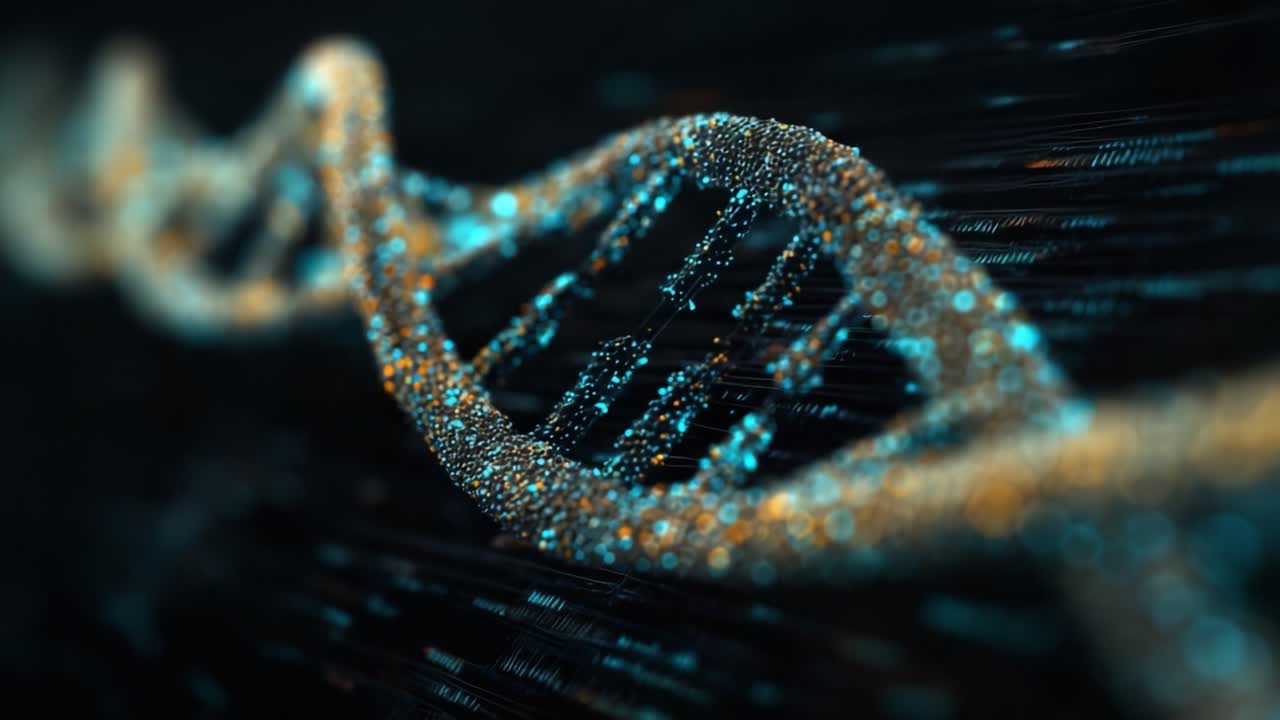A Stunning Visualization of DNA Helix: An Abstract Representation of Genetic Structures in a Dark Background Highlighted by Vibrant Particle Effects