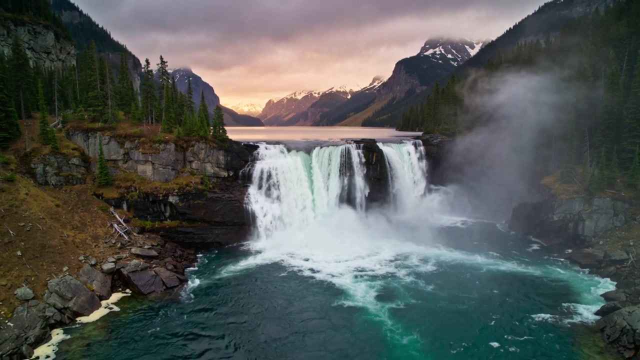 Approaching camera emphasizing waterfall plunging into pool at dawn, mist and foam drifting right
