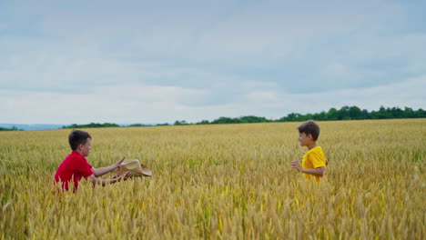 cheerful children on a wheat field. joyful brothers playing with a straw hat in the golden field. boys having fun outdoors.