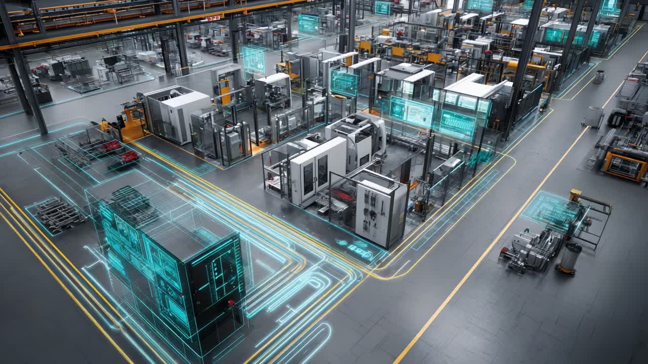 Advanced Manufacturing Facility Showcasing Innovative Automation and Smart Technology Integration in a Modern Production Environment with Digital Interfaces Highlighting Operational Efficiency and Connectivity
