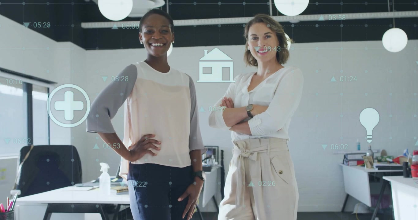 Two businesswomen posing in office hand gesture activating service icons illustrating categories