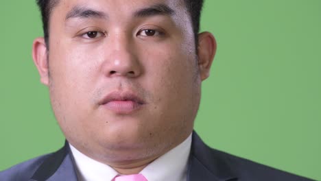 young handsome overweight asian businessman against green background