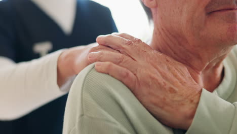 hands, shoulder and nurse with comfort for man