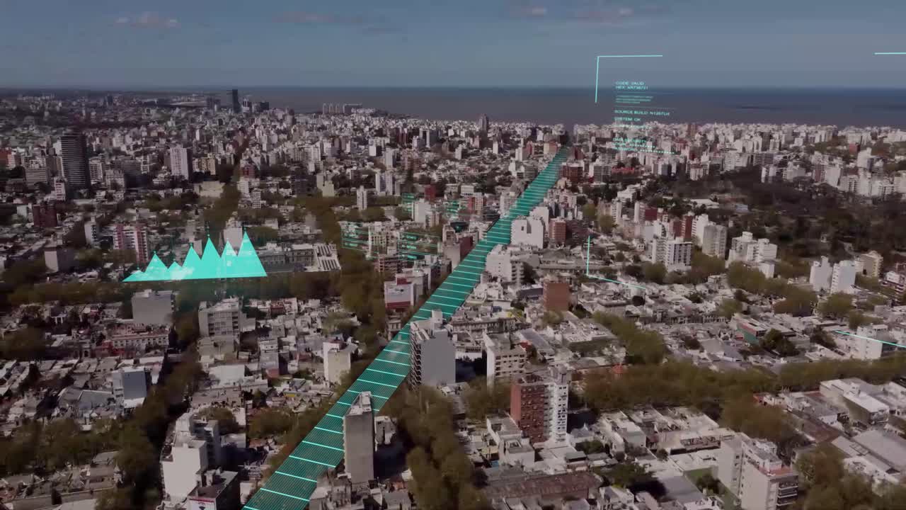 vista aérea de la ciudad de montevideo con gráfico de movimiento digital que conecta la ciudad durante el día soleado en uruguay - gráfico de iluminación de neón y diagrama analizan el tráfico y el océano en segundo plano