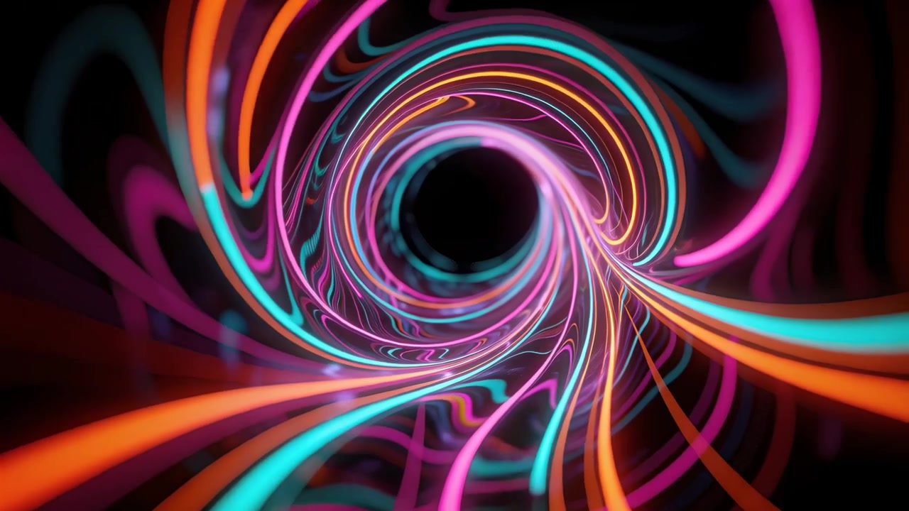 Telecamera in movimento attraverso un tunnel di nastri, che rivela un vuoto centrale con nastri ciano, magenta, arancioni e gialli.