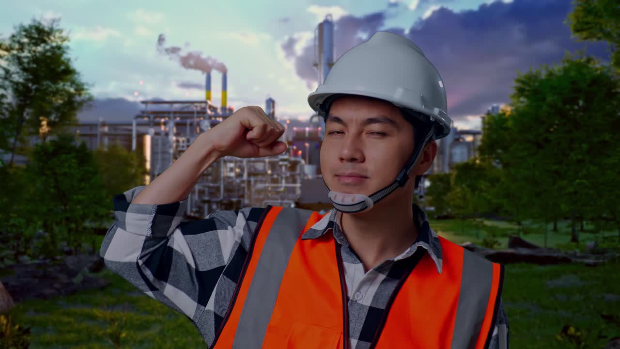 Close Up Of Asian Male Engineer With Safety Helmet Flexing His Bicep And Smiling To Camera While Standing In Front Of Oil Refinery