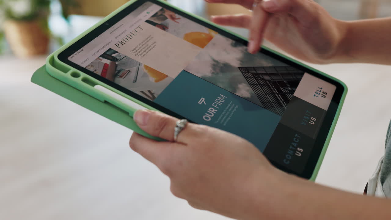 Tablet, contact us and about us with the hands