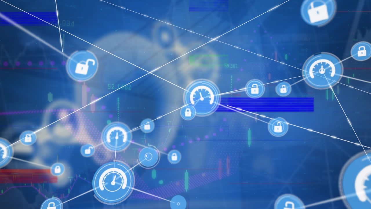 Animation of network of profile icons and screens with data processing against blue background