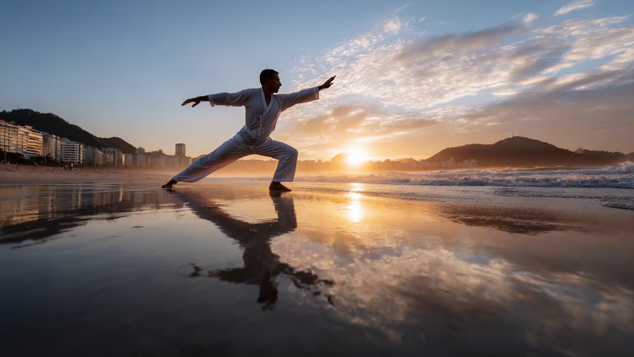 Artista marziale che si allena sulla spiaggia al tramonto: un momento sereno catturato con acqua riflettente e cielo spettacolare, che esaltano la concentrazione e la disciplina della pratica