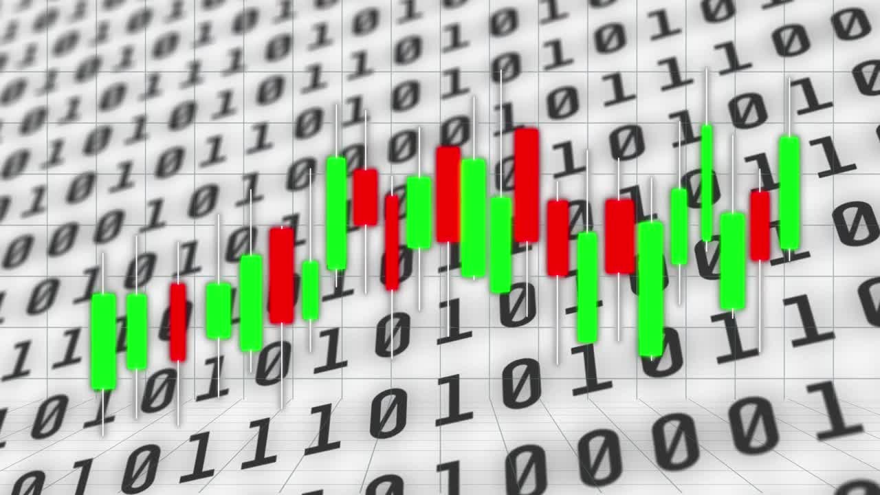 animación de gráficos y código binario sobre fondo blanco