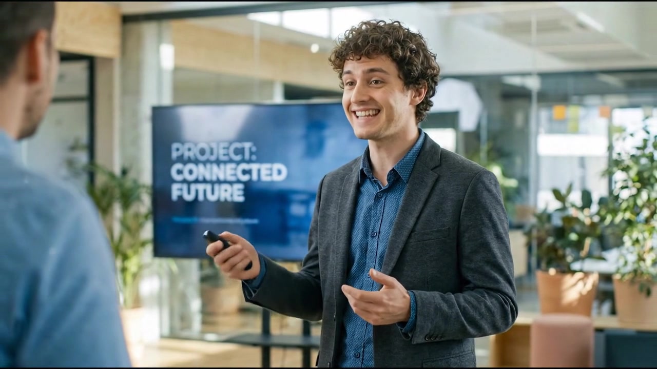 Young presenter explaining a connected future digital technology concept