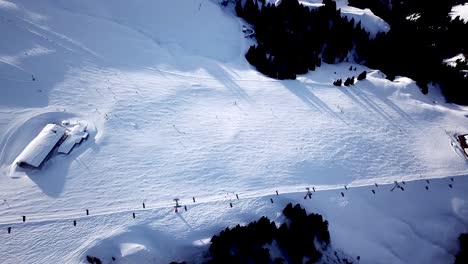 panoramic top view from drone on cable way in ski resort