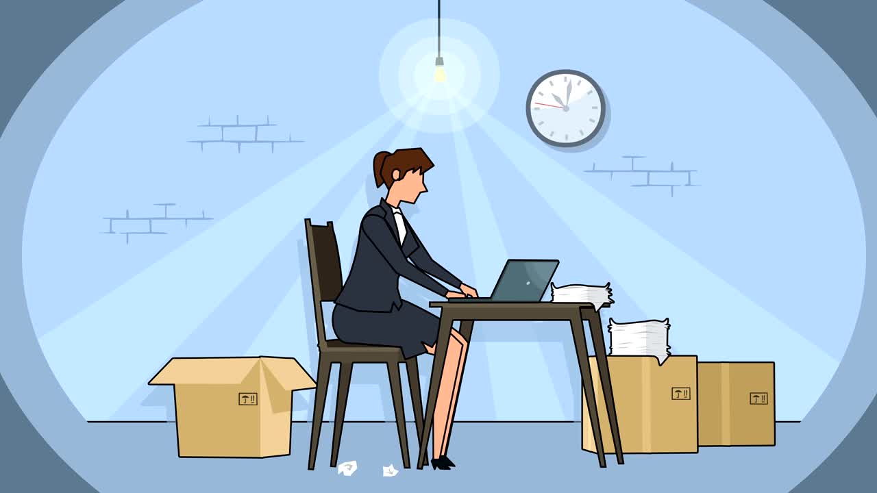 Flat cartoon businesswoman character  bad angry workplace near laptop  basement animation