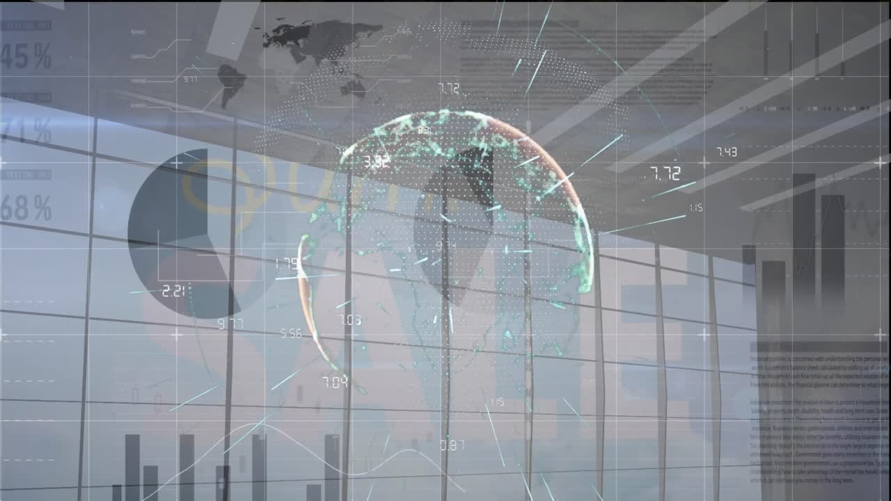 인포그래픽 인터페이스의 애니메이션, 숫자를 가진 지구, 사무실의 유리 창 위에 판매 텍스트