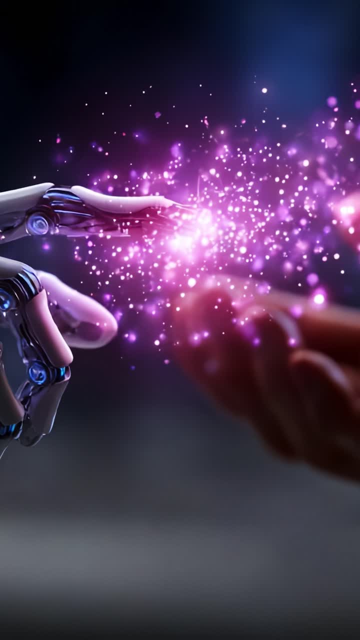 An Ethereal Encounter: A Robotic Hand Reaches Out to Touch a Human Hand, Creating a Sparkling Connection Full of Magic and Possibility