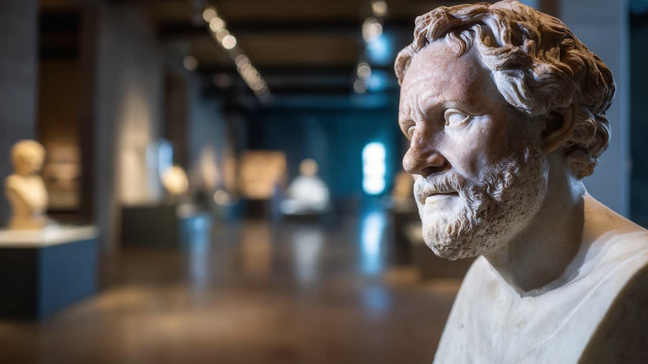 Un intricato busto in marmo di un antico filosofo esposto in un museo d'arte moderno, che evidenzia il contrasto tra il design scultoreo classico e quello contemporaneo.