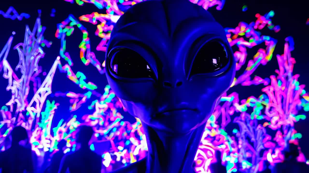 Close-up of a green alien with large eyes, set against a vibrant, neon background
