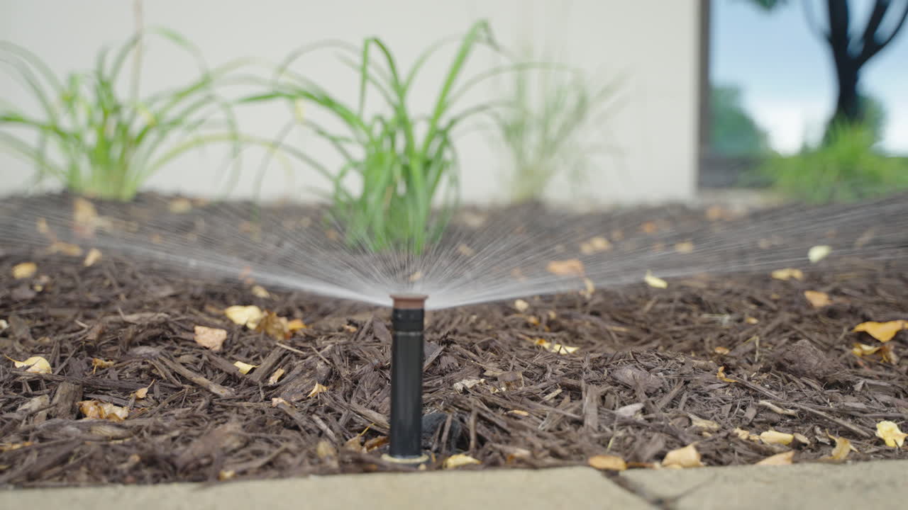Irrigatore che emerge dal terreno per spruzzare acqua sul pacciame di corteccia in giardino