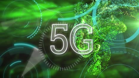 Animación-De-Banner-De-Texto-5g-Y-Múltiples-Escáneres-Redondos-Sobre-Ondas-Digitales-Verdes-Y-Puntos-De-Luz