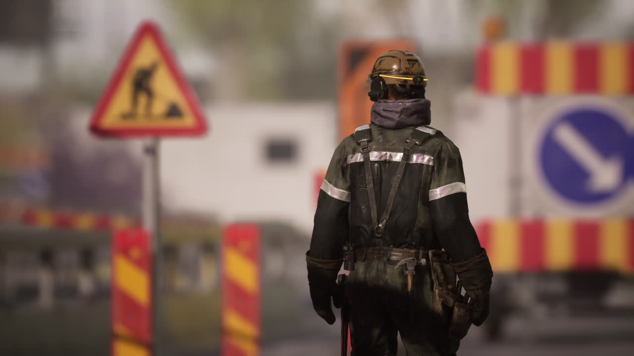 Worker in safety gear walking through construction site with warning signs