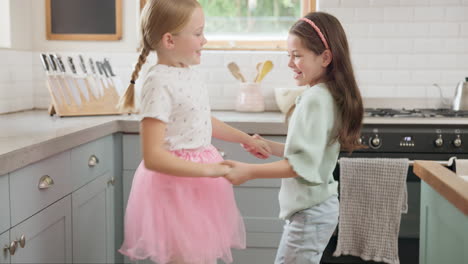 Happy,-dance-and-girl-children-in-the-kitchen