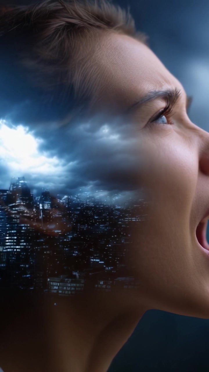 Una donna che esprime con passione emozioni con un'intensa espressione urlante sullo sfondo di nuvole scure e uno skyline urbano, trasmettendo una tensione drammatica.