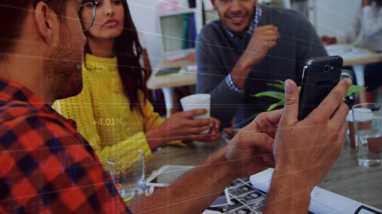 Animation of data processing over three diverse colleagues discussing over a smartphone at office