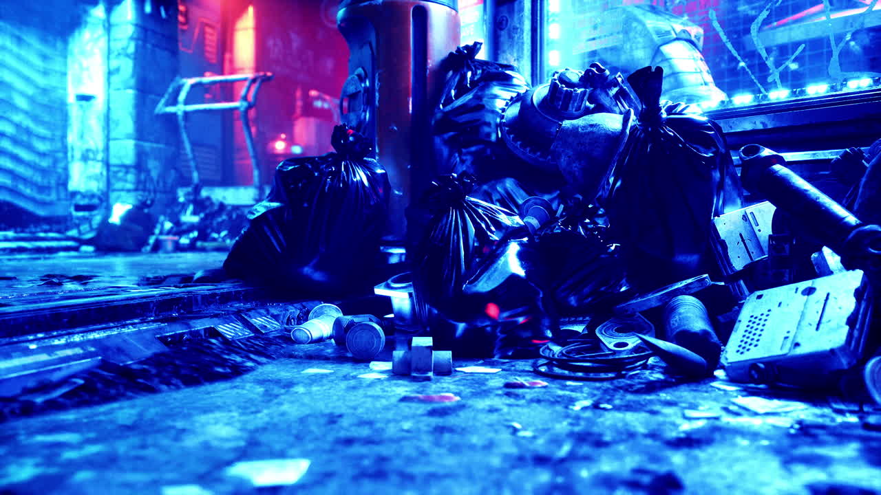 bolsas de basura y escombros en una calle oscura de la ciudad