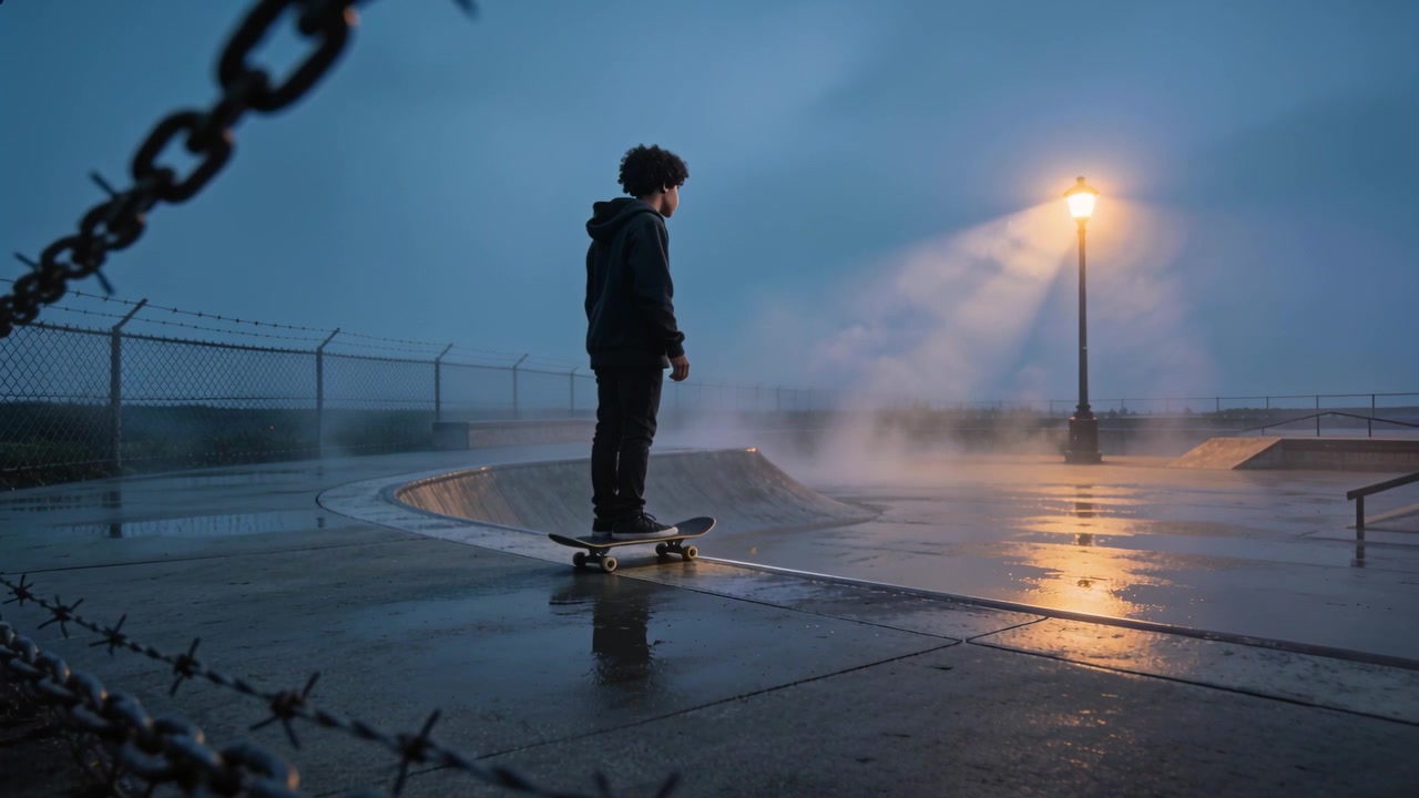 Lamp beam drawing skater gaze, balancing on board at bowl rim, preparing to roll, wearing hoodie