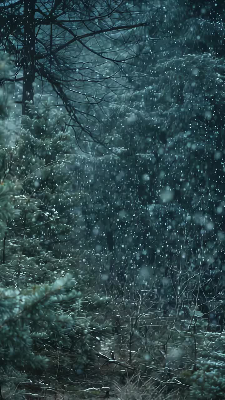 Vertical video: Wind driving falling snow veiling pine forest, dusting pine branches, copy space