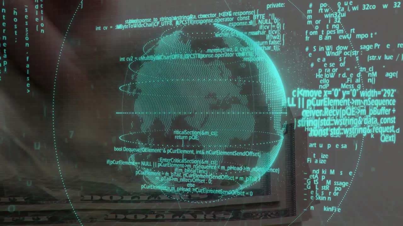 Phone activating teal globe rotating clockwise while code streaming, revealing banknote for data