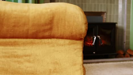 reveal shot of electrical fireplace in cosy warm living room with carpet and sofa.