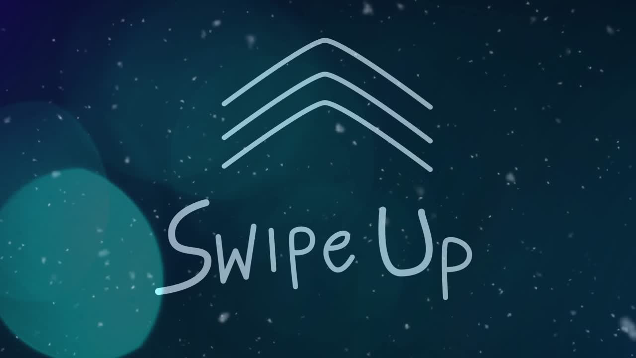 Animation of snow falling over swipe up text over light spots on black background