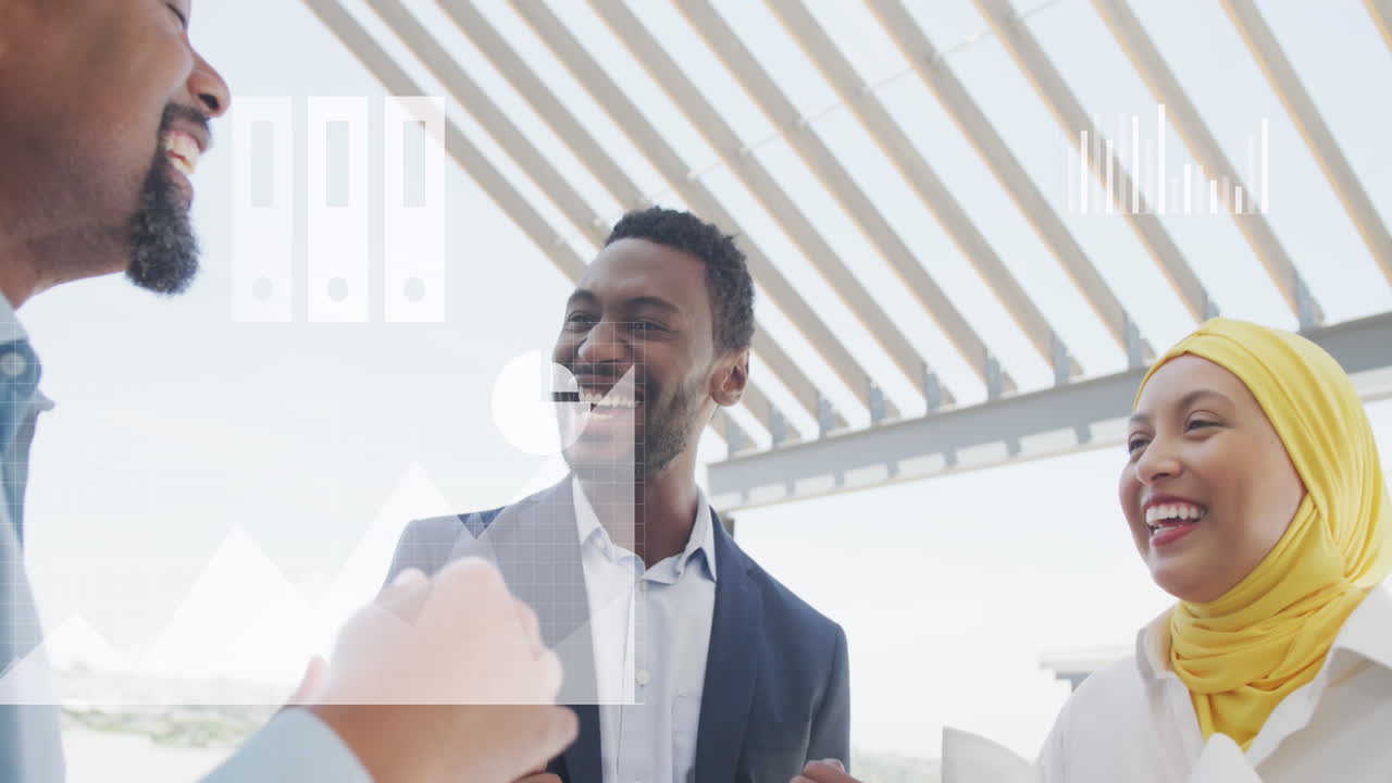 Animation of financial data processing over diverse business people in office