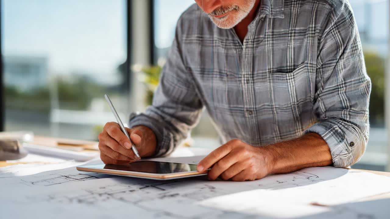 Focused Professional Utilizing a Digital Tablet for Creative Design, Planning, or Architectural Work Amidst Detailed Blueprints and a Bright, Contemporary Workspace, Showcasing Dedication and Precision
