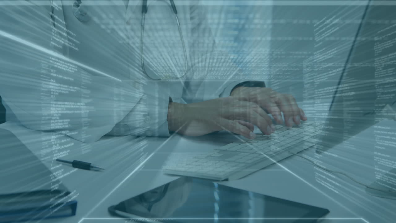 Typing on keyboard, doctor with stethoscope, medical data processing animation