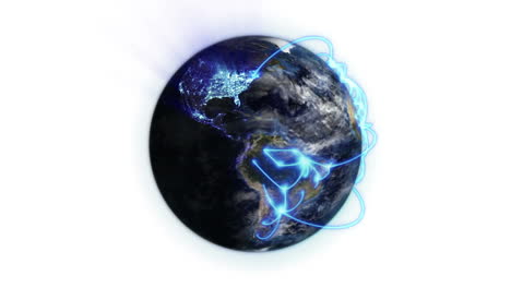 earth turning with blue connections moving clouds and lighted cities